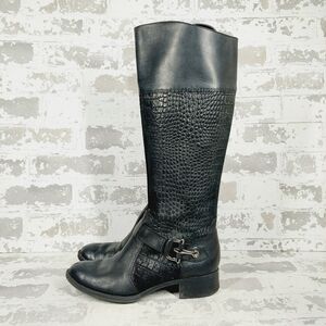 Joan & David Black Croc-Texture Knee Boots with Buckle